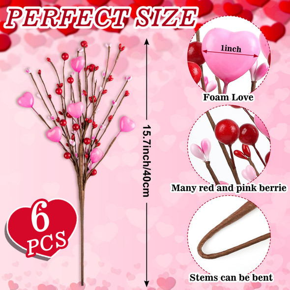 6 Pack Valentine’s Day Picks Artificial Berry Flower Stems Picks with Pink Hearts for Valentines Day Decor and s Wedding Anniversary Decorations(16inch Pink)