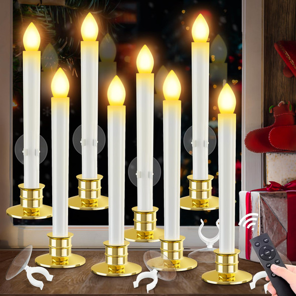 HINZER Christmas Window Candles with Timer Remote 8 Pack Battery Operated Candles LED Candle Lights Christmas Decorations Electric Candles Window Lights Flameless Taper Candles with Suction Cups