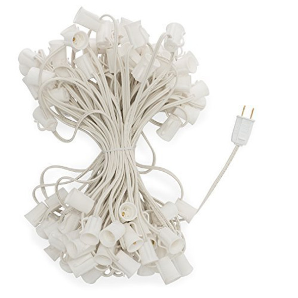 C9 Light Strings 100' White Cord with 12" Socket Spacing, E17 Light Stringer for C9 Christmas Lights