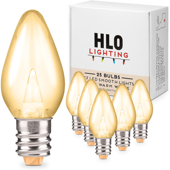 Holiday Lighting Outlet LED Smooth C7 Sun Warm White Replacement Christmas Light Bulbs for E12 Sockets, Energy Efficient Commercial Grade, 2 Diode 0.58 Watt (LED) Bulbs. Pack of 25 Bulbs