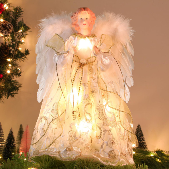 HMASYO Christmas Tree Topper Angel with Timer Lights, 12" Lighted Angel Tree Toppers with White Feather Wings and Star Light, Angel Tree Toppers Christmas Tree Top Decorations Xmas