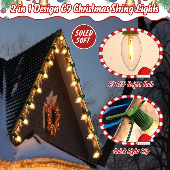 50 FT C9 LED Christmas Lights Outdoor with Clips, Large Bulb Christmas String Lights with Christmas Light Clips, Warm White Christmas Roofline Lights for House and Garden Xmas Decoration