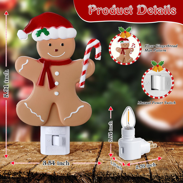 Christmas Decoration Gingerbread Man Night Light Plug in, 120V C7 LED Xmas Wall Plugin Nightlights, Christmas Night Light Decor for Bedroom Bathroom Kitchen Hallway Stairs