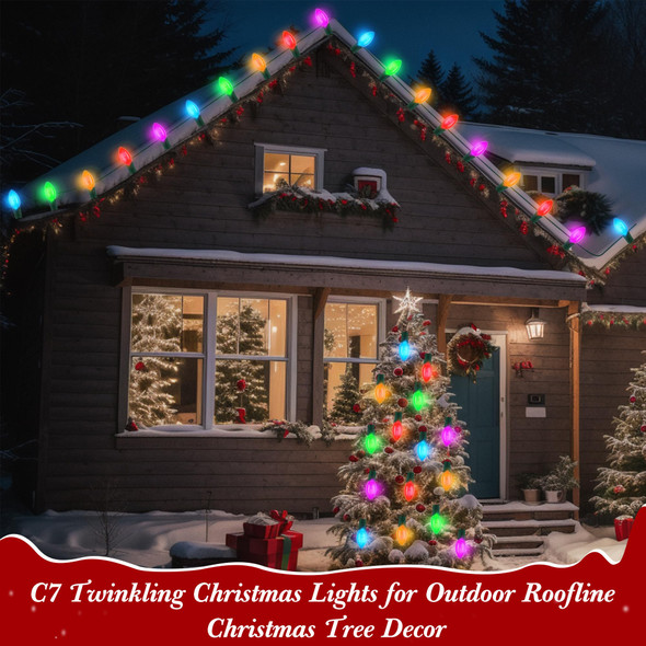 C7 Twinkling Christmas Lights, 63ft Multicolor Lights for Christmas Tree, Waterproof 25 Pcs C7 Bulbs E12 Base Christmas String Lights Extendable for Around Houses Fences Windows Tree Decoration