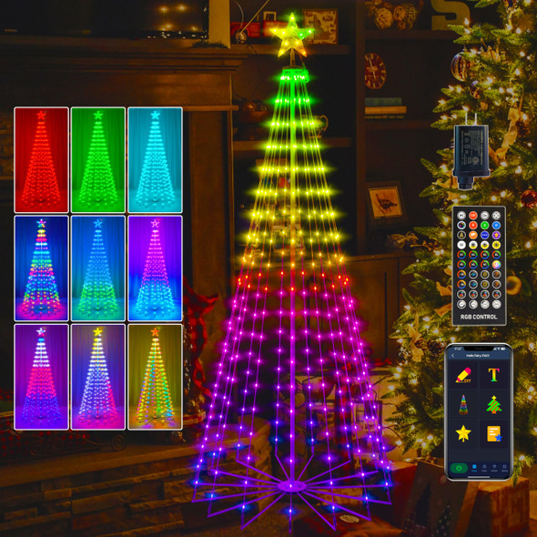 7FT Lighted Outdoor Christmas Tree, 295 LED Smart Cone Tree, Music Sync RGB Fairy Lights, LED Light Show, APP and Remote Control, Timer Function, Perfect for Outdoor Christmas Decorations