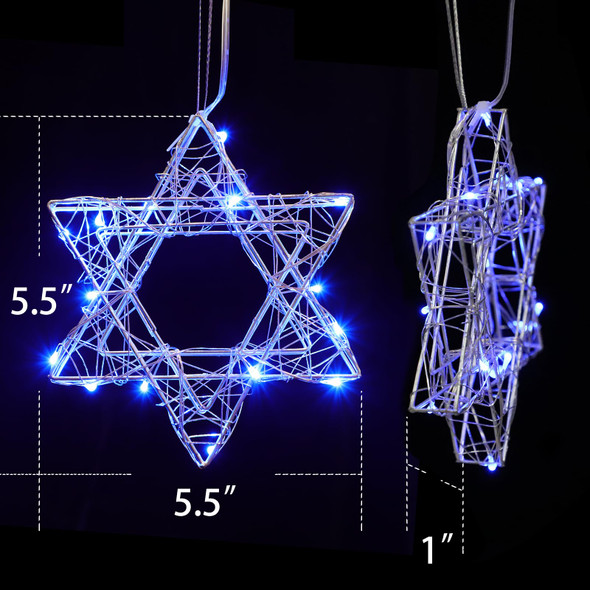 2 Pack Blue Star of David Hanukkah Ornament 5.5-Inch with 15LEDs Lights of String Mettal Design Hanging Decoration for Lighted Xmas Tree Menorah Premium Christmas Party Decor