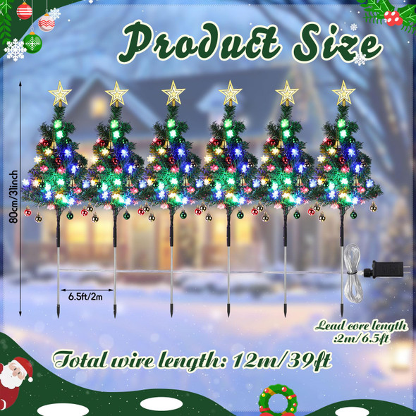 6 Pack Christmas Tree Pathway Lights Outdoor 120 LED Xmas Tree Light with 8 Lighting Modes Star Tree Topper Candy Cane Plug-in Light for Garden Yard Lawn Holiday Decor(Snow Flocked)