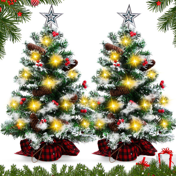 2 Pcs 2FT Mini Christmas Trees with Lights Artificial Christmas Trees Tabletop with Berries Pine Cones Hanging Ornaments Red Lattice Cloth Base Holiday Party Xmas Decorations, Sliver