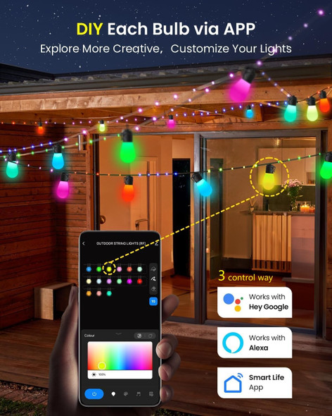 Smart Outdoor Patio Lights, 51FT RGB DIY String Lights for Outside, Work with Alexa Google Assistant, Waterproof Color Changing with Remote & App, for Home Decor, Christmas Decorations