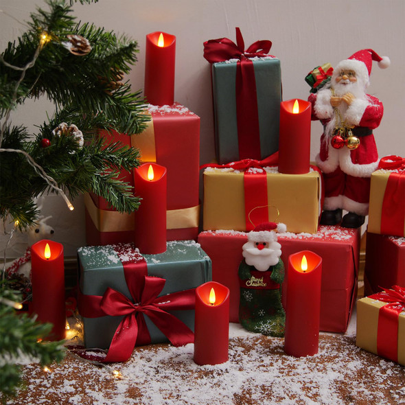 Homemory Christmas Flameless Candles, Battery Operated Candles with Remote Timers, Electric Fake Candles for Home, Christmas Decoration, Made of Plastic, Red/Burgundy, Set of 9