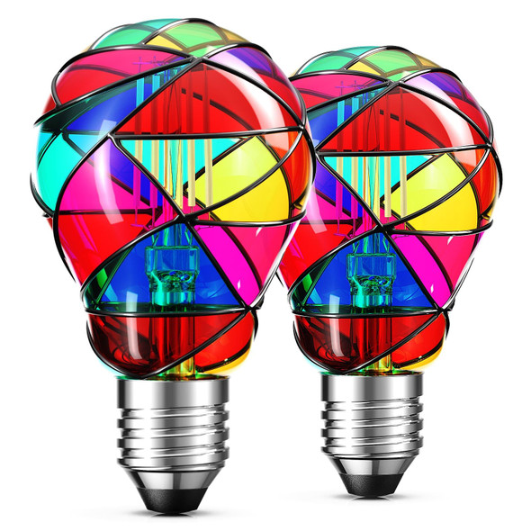 Hompavo d Dimmable LED Stained Glass Light Bulb, Non-Flicker E26 A19/A60 3.5W Hand-Painted Colorful Light Bulb for Party Home Room Halloween Christmas Decoration, 2 Pack