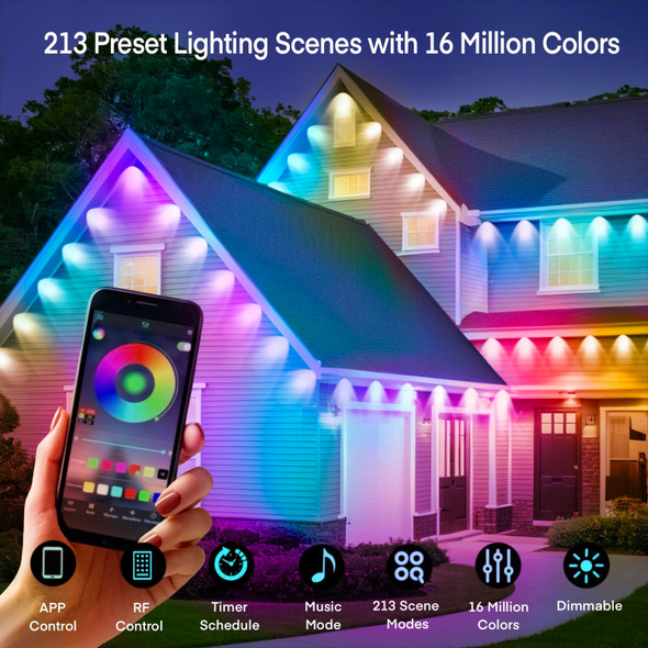 Honche Permanent Outdoor Lights Christmas Lights Outdoor Permanent Christmas Lights Multicolor Warm White Color Changing 213 Modes Waterproof Music Sync Timer Dimmable (54ft with 36 Lights)