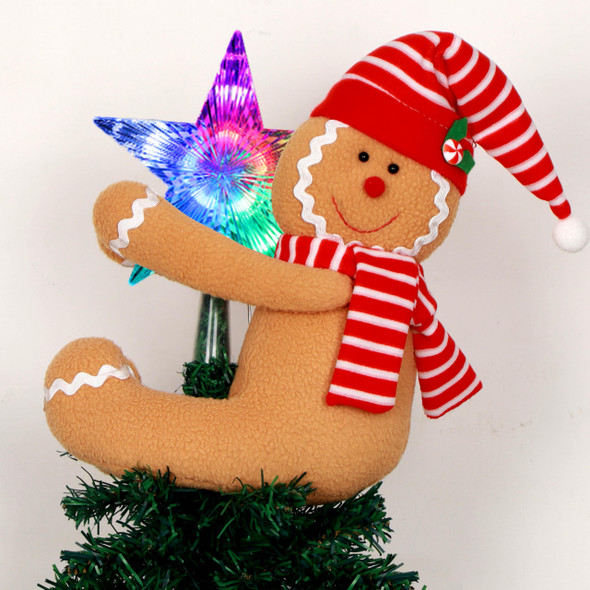 Gingerbread Man and Star with Lights Christmas Tree Topper Decorations,Unique Funny Xmas Plush Stuffed Candy Hat Gingerbread Hugger Decor and Battery Operated Colorful Star Tree Ornaments