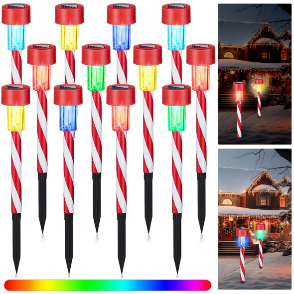 Honoson 12 Pcs Christmas Solar Pathway Lights Outdoor Christmas Candy Cane Lights IP65 Waterproof Xmas Decorative Lights for Patio Lawn Yard Landscape Driveway Path Party Decor,Colorful Lights