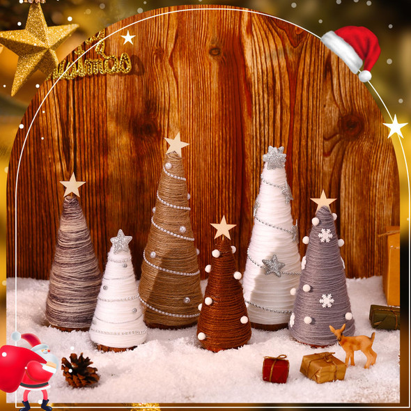 Hoolerry 6 Pcs Mini Yarn Christmas Artificial Tree Toppers Star Snowflakes Farmhouse Christmas Table Decorations Xmas Home Decor Christmas Ornaments 7.5/5.9/3.9 In (Elegant Color,Retro Style)