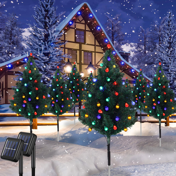 Hoolerry 8 Pcs 30 Inches Solar Christmas Tree with 80 LEDs Solar Powered LED Christmas Lights Multicolored Outdoor Christmas Decorations for Holiday Outside Pathway Garden Yard Patio (Ball)