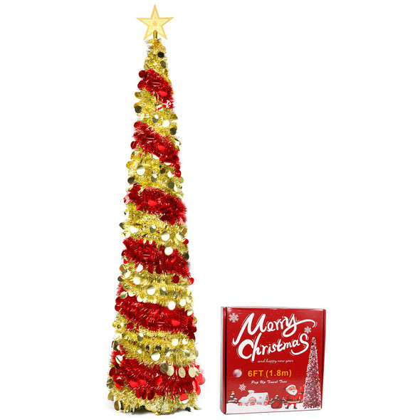6FT Pop up Christmas Tree Collapsible Tinsel Christmas Tree Slim Shiny Sequins Xmas Tree with Topper Star, Artificial Easy-Assembly Reusable Xmas Tree for Holiday Indoor Home Party Decor(Red+Gold)