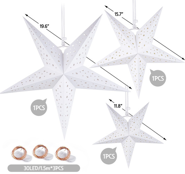 HOUÍSM Paper Star Lantern with 3PCS Fairy String Lights(30LED/1.5M), 3PCS White Star Moon Cut-Out Paper Star Lantern with 3 Sizes- 30/40/50cm for Indoor Outdoor Room Wedding Christmas Party Decor