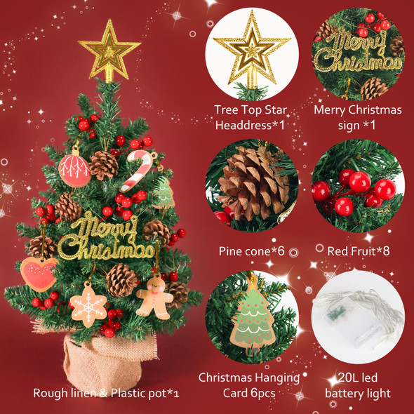 HOXHA Mini Christmas Tree, 22 Inch Small Tabletop Set, Star Tree Topper, Pine Cones Berries and Christmas Ornaments for Christmas Holiday Home Office Table Decorations, Green