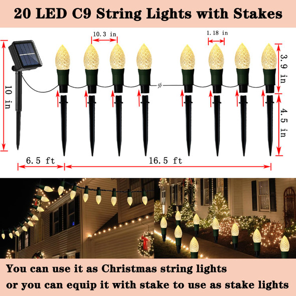 est Solar Christmas Pathway Lights Outdoor, 20 LED C9 Christmas Lights with 20 Stakes, 23FT Solar Christmas Decorations Strawberry String Lights for Roof Yard Patio Walkway Driveway, Warm White