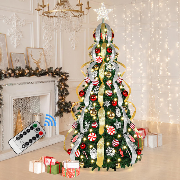6ft Pre lit Pop Up Christmas Tree, Pre-Decorated Christmas Tree with Lights and Decorations, Remote, Silver & Gold Ribbon, Tree Star Topper, Collapsible Christmas Tree for Christmas Holiday Party