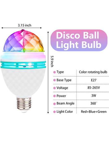 Disco Ball Light Bulb, 3w E27 RGB Color Rotating Bulb Led Party Bulbs, Magic Ball Light for for Disco, Holiday, Birthday, Club, Halloween, Christmas, Bar, Indoor & Outdoor(4 Pack)