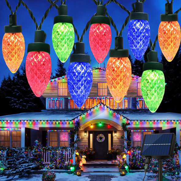 iBaycon Solar C9 Christmas Lights Outdoor, 65Ft 100LED C9 Christmas Lights Strawberry String Lights, 8 Modes Solar Powered Lights String for Xmas Tree House Eaves Roof Christmas Holiday Decor