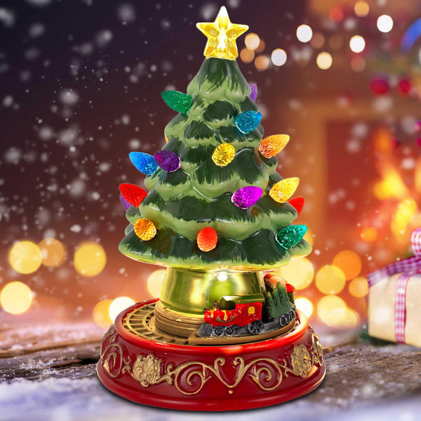 innodept12 Lighted Christmas Tree with Rotating Train - Prelit Tabletop Samll Tree Decor Animated Christmas Train with Top Star & Bulbs for Best Xmas Decoration
