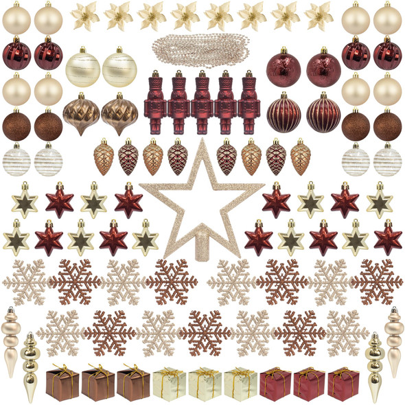 ITART 101pcs Christmas Tree Ornaments Assortment Burgundy Brown Champagne Gold Including Star Tree Topper Balls Nutcracker Figurines Snowflakes Poinsettia Flowers Bead Garland for Christmas Tree Decor