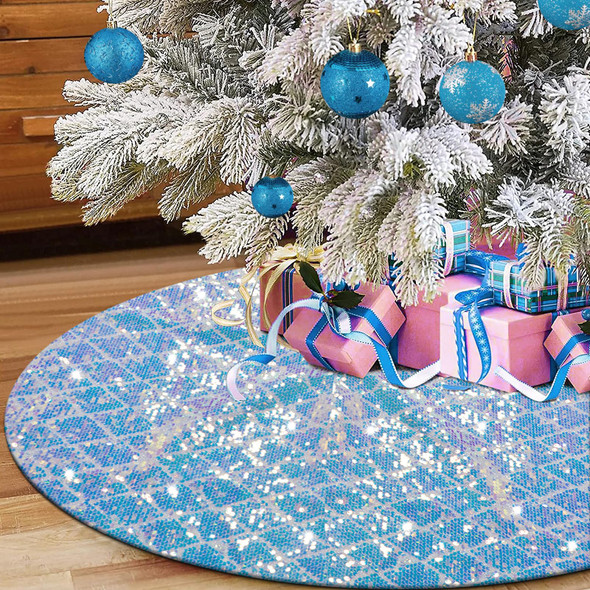 Blue White Christmas Tree Skirt, Iridescent Glitter Tree Skirt 36 Inches,Sparkly Tree Mats for Christmas Pencil Tree, Iridescent Christmas Decorations Ornaments