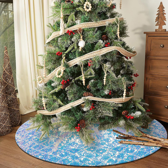 Blue White Christmas Tree Skirt, Iridescent Glitter Tree Skirt 36 Inches,Sparkly Tree Mats for Christmas Pencil Tree, Iridescent Christmas Decorations Ornaments