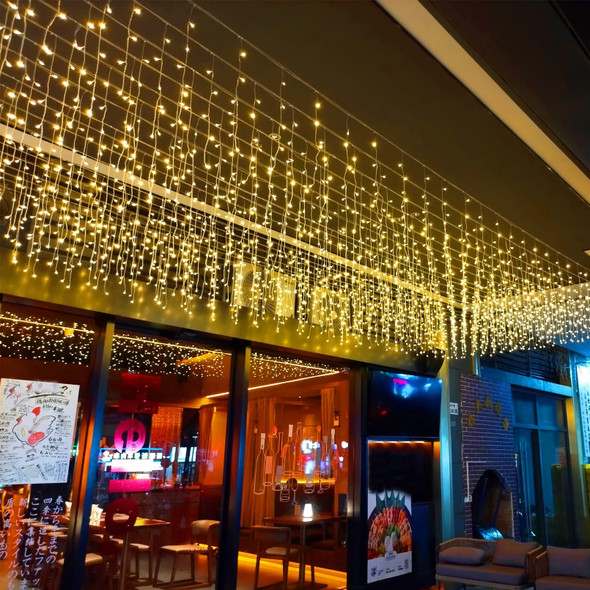 LED Icicle Lights, 8 Modes 19.7FT 150 LEDs Christmas Short Curtain Fairy Hanging Ceiling Extendable Lights for Wedding Balcony Doorway Outdoor Indoor Decoration Warm White, 6M05