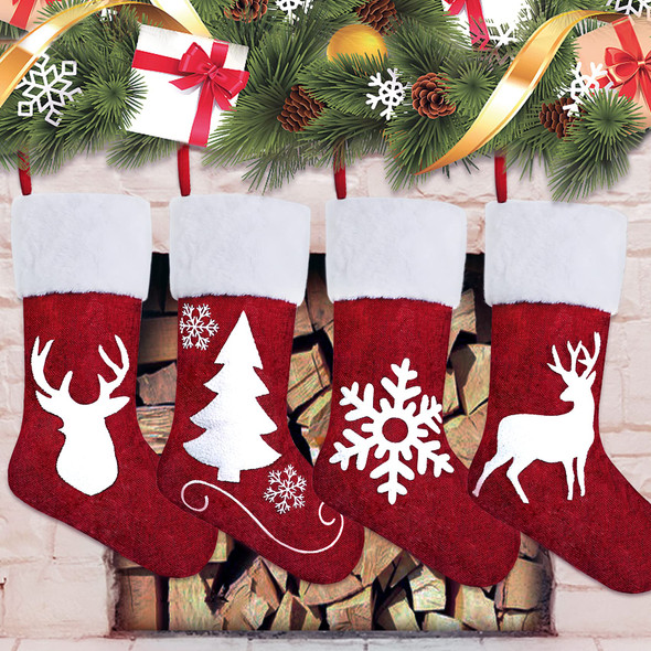 Christmas Stockings Personalized Set of 4, 18inch Large Xmas Red and White Snowflake Reindeer Antelope Christmas Tree Character for Family Holiday