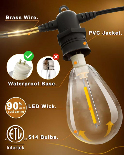 60FT LED Outdoor String Lights with 16+1 Edison Shatterproof IP65 Waterproof Bulbs, 2700K Dimmable Commercial Grade Patio Lights, Heavy Duty Outside Hanging Lights for Garden Porch Deck Decor