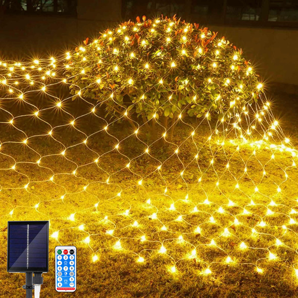 JIMACRO Solar Powered Net Lights Outdoor, 1.5 M x 1.5 M/4.9FT4.9FT 96LEDs Mesh Fairy Lights with 8 Modes, Remote Control, Waterproof Copper Wire Bush Fairy Lights for Xmas Tree Lawn Garden Décor