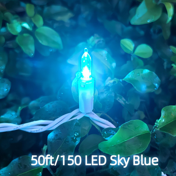 150 LED Sky Blue Christmas Lights Outdoor, UL and Commercial Grade White Wire String Lights 50 FT, for Indoor and Outdoor Use.