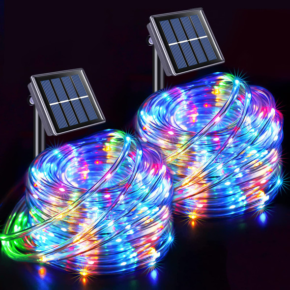 JMEXSUSS Solar Christmas Rope Lights, 2 Pack 100 LED IP 65 Solar Rope Lights Outdoor Waterproof, 33ft 8 Modes PVC Tube Solar Christmas Lights for Christmas Xmas Fence Walkway Path (Multicolor)
