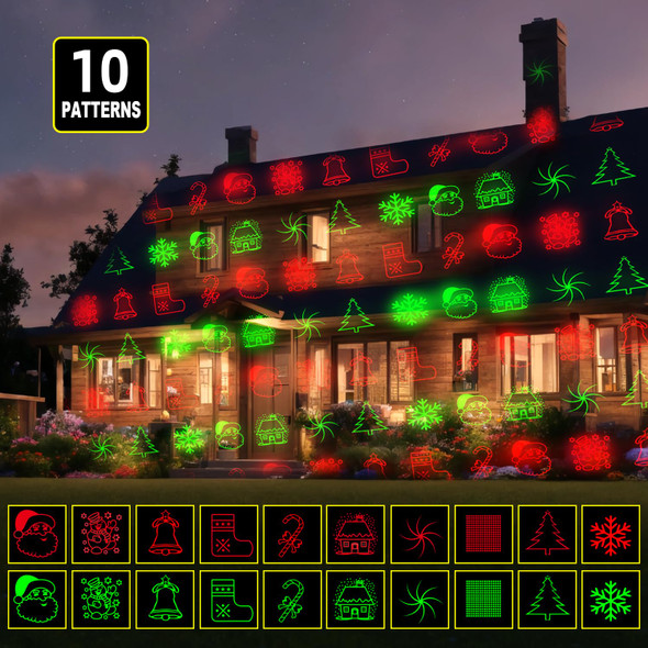 Christmas Laser Projector Lights, 10 Patterns Moving Red Green Outdoor Garden Waterproof Decorative Starry Lights Projector with RF Remote for Holiday Party Indoor Decoration Home Decor