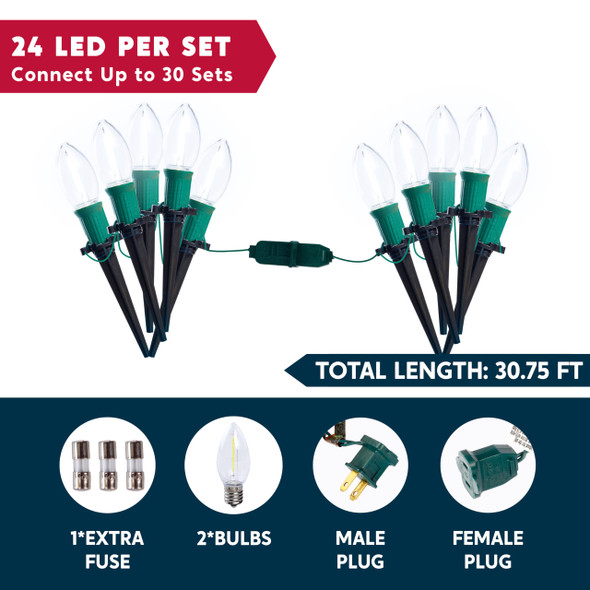 Joiedomi 30.75FT C9 Christmas Pathway Lights, 24 LED Bulbs Stake Lights, White Walkway Lights Waterproof Connectable Green Wire for Christmas Holiday Yard Garden Lawn Sidewalk Decoration