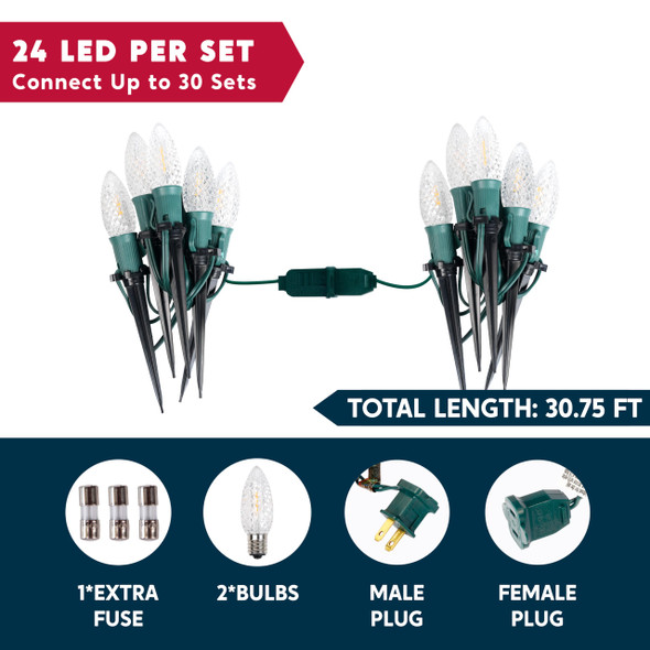 Joiedomi 30.75FT C9 Christmas Pathway Lights, 24 LED Strawberry Stake Lights, Warm White Outdoor Faceted Walkway Lights with Marker Stakes Connectable for Holiday Christmas Yard Garden Lawn