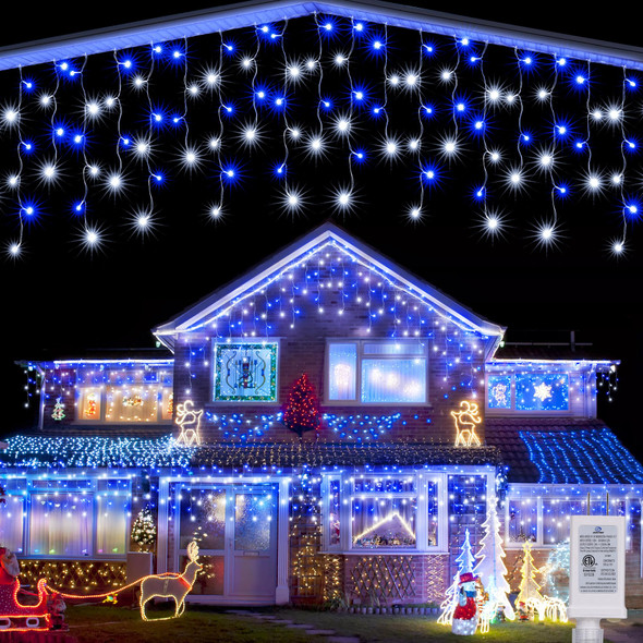 Joomer Christmas Icicle Lights, 32Ft 8 Modes Waterproof Christmas Icicle String Lights Outdoor Connectable with Timer for Party, Eaves, Roofs, Holiday, Christmas Decorations (White+Blue)