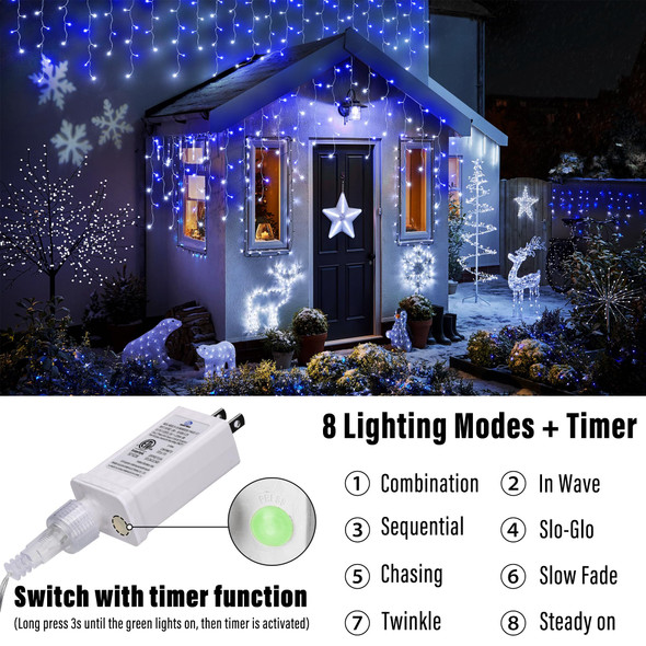 Joomer Christmas Icicle Lights, 32Ft 8 Modes Waterproof Christmas Icicle String Lights Outdoor Connectable with Timer for Party, Eaves, Roofs, Holiday, Christmas Decorations (White+Blue)