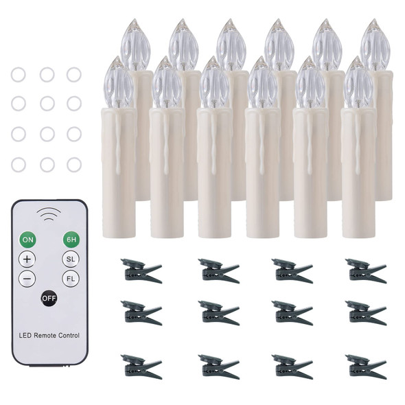JOSU Flameless Candles Christmas Decor, 12PCS Led Flickering Lights Battery Operated with Remote Timer/Clips, Warm White Window Candles for Home Indoor Outdoor Wedding Halloween Christmas Trees Decor
