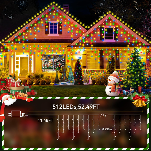 52FT 512LED Christmas Lights Outdoor Waterproof Curtain Lights with 8 Modes Timer Hanging Fairy Lights Plug in String Lights for Holiday Wedding Party Decoration(Multicolor)