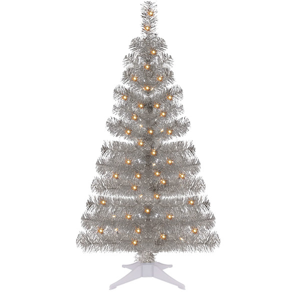 Juegoal 4 FT Pre-lit Artificial Christmas Tree, Lighted Silver Tinsel Pencil Pine Spruce Trees with 70 Warm White LED Lights, 8 Lighting Mode & Timer for Xmas Holiday Winter Home Party Decor