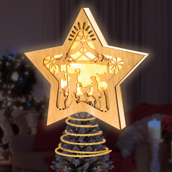 Nativity Christmas Tree Topper Lighted Star Tree Topper Treetop for Christmas LED 3D Nativity Theme Christmas Tree Decorations Wooden Treetop Xmas Tree Decor Ornaments Nativity Tabletop 10 X 8.5 in