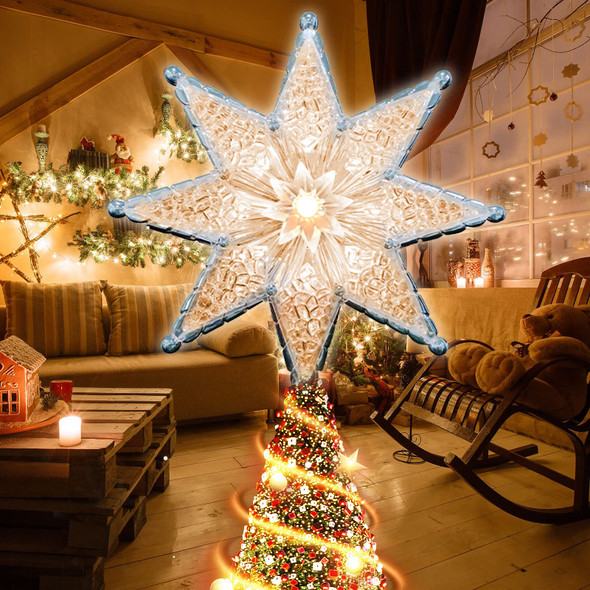 Star Christmas Tree Topper, 8" Lighted Double-Sided Star Treetop, 8-Point Star Xmas Tree Topper with 10 Warm White Lights, 120V UL