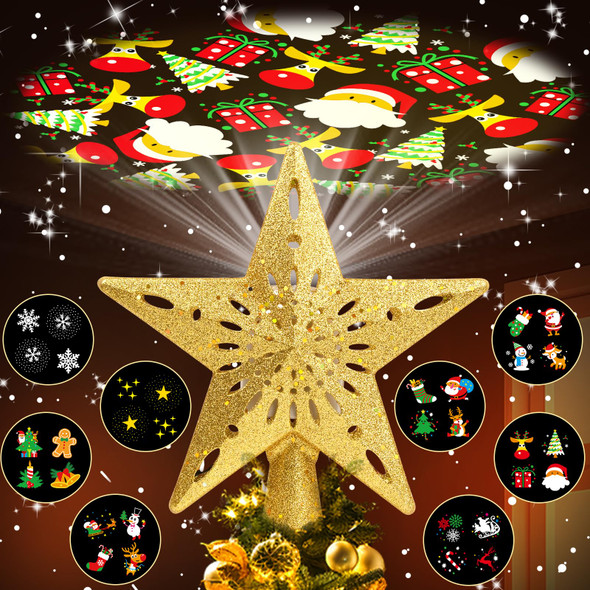 Christmas Tree Topper Lighted with 8 Projector Patterns Modes, Christmas Tree Star Topper LED Rotating Lights, 3D Glitter Lighted Tree Topper for Party Holiday Christmas Decorations (Gold)
