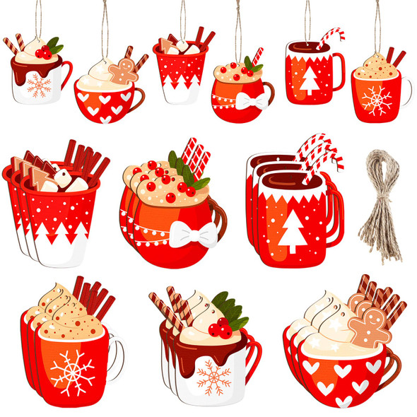 24 Pcs Christmas Hanging Hot Cocoa Ornaments 3.5 Inches Wooden Xmas Hot Cocoa Snowflake Wood Hot Cocoa for Christmas Tree Hanging Christmas Party Decorations Indoor Holiday Xmas, 6 Styles (Hot Cocoa)