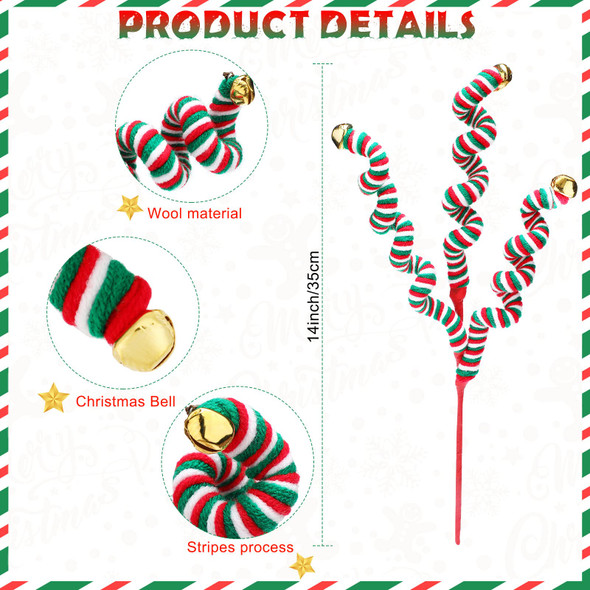 Kathfly 6 Pcs Christmas Tree Picks Sandworm Decor Woolen Bells Curly Picks Christmas Tree Ornaments Xmas Branches with Bells Xmas Hanging Decorations for Party DIY Home Crafts s(Green Red White)
